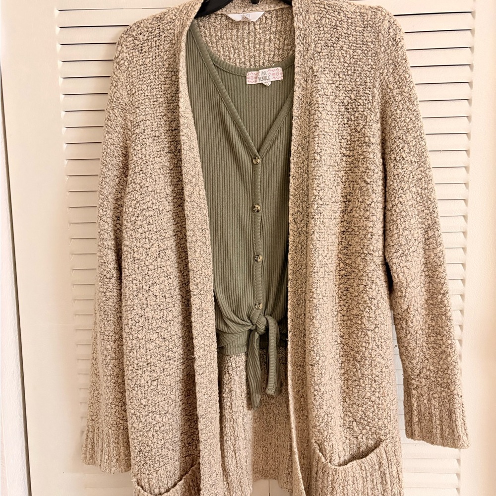 Time and Tru Cream Textured Cardigan with green tank